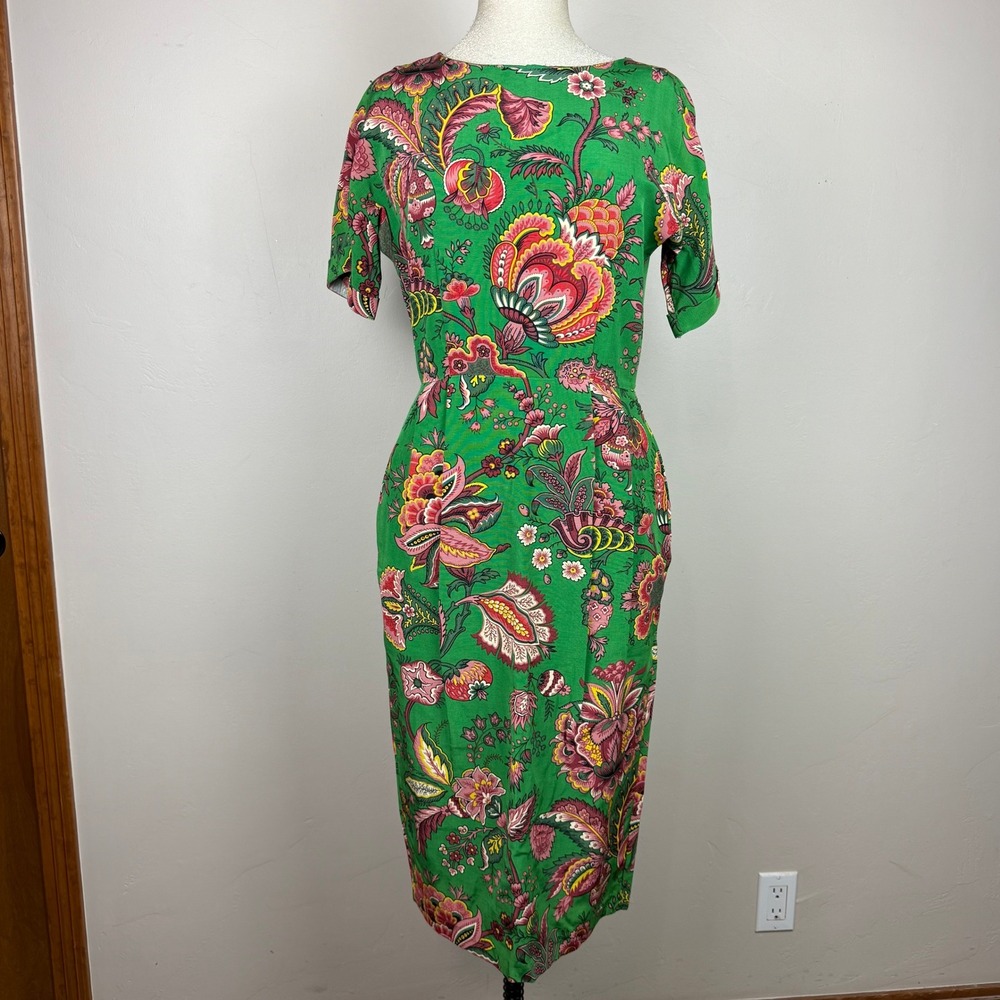 ASOS Midi Dress Womens 8 Green Floral Paisley Short Sleeve Sheath Preppy NWT